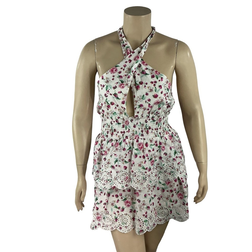 BB Dakota Strawberry Bliss Eyelet Tiered Halter Mini Dress White L